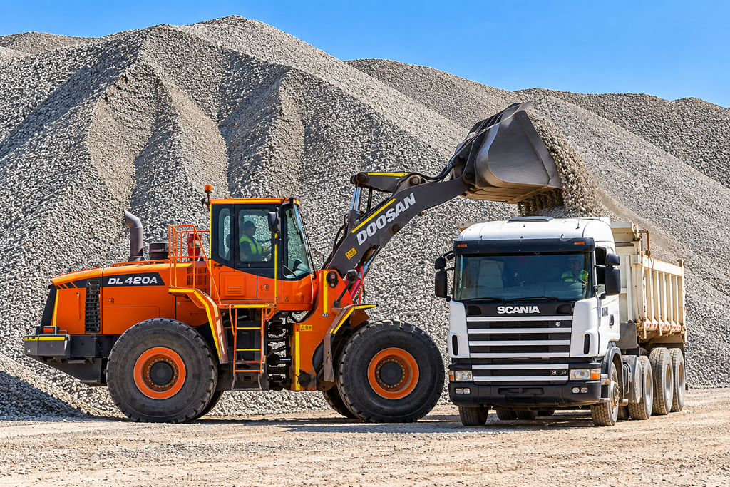 Cargadora Doosan llenando camión Scania